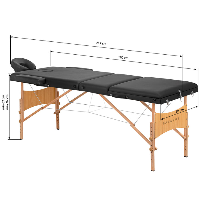 Table de massage pliable en bois de hêtre Balance 3 zones Noir
