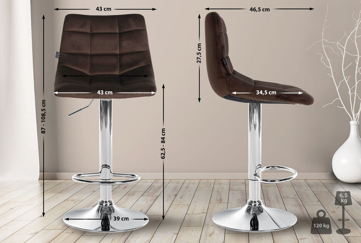 Lot de 2 Tabourets de Bar avec Dossier Réglables Pivotants 107 Velours Marron - image 2