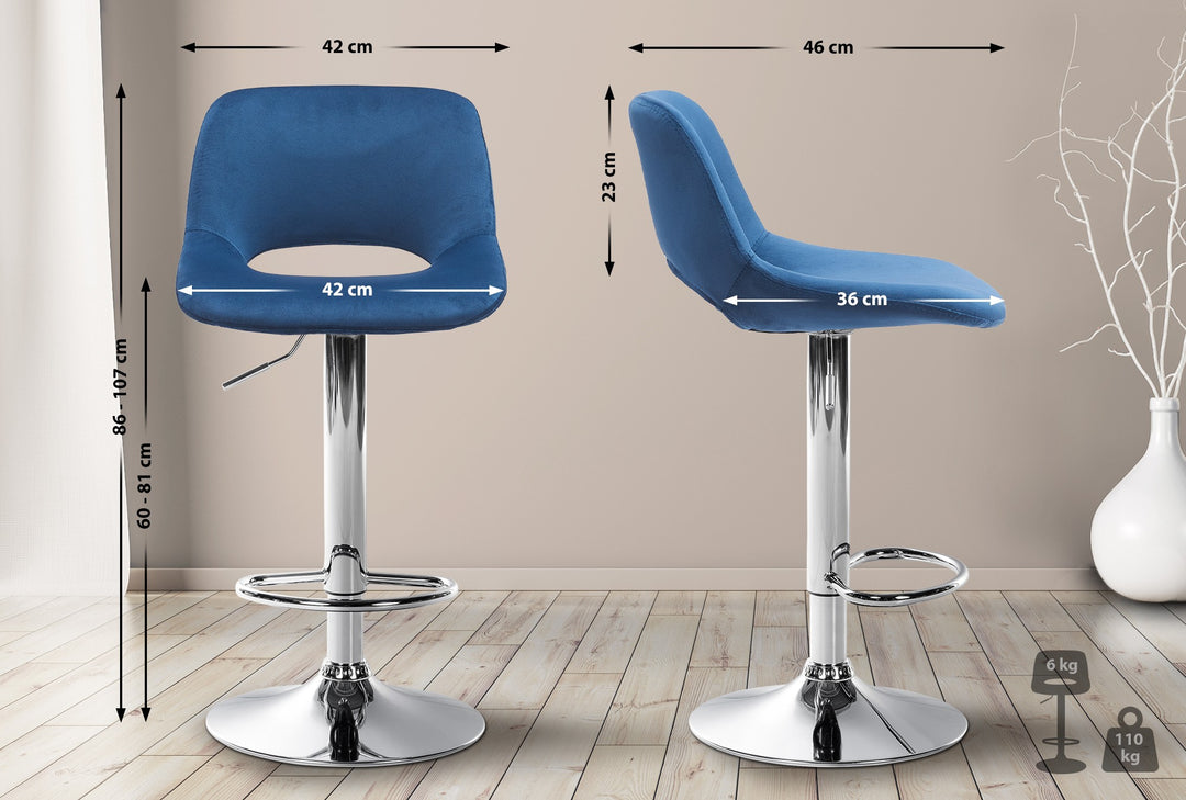 Lot de 2 Tabourets de Bar avec Dossier Réglables Pivotants 106 Velours Bleu - image 2